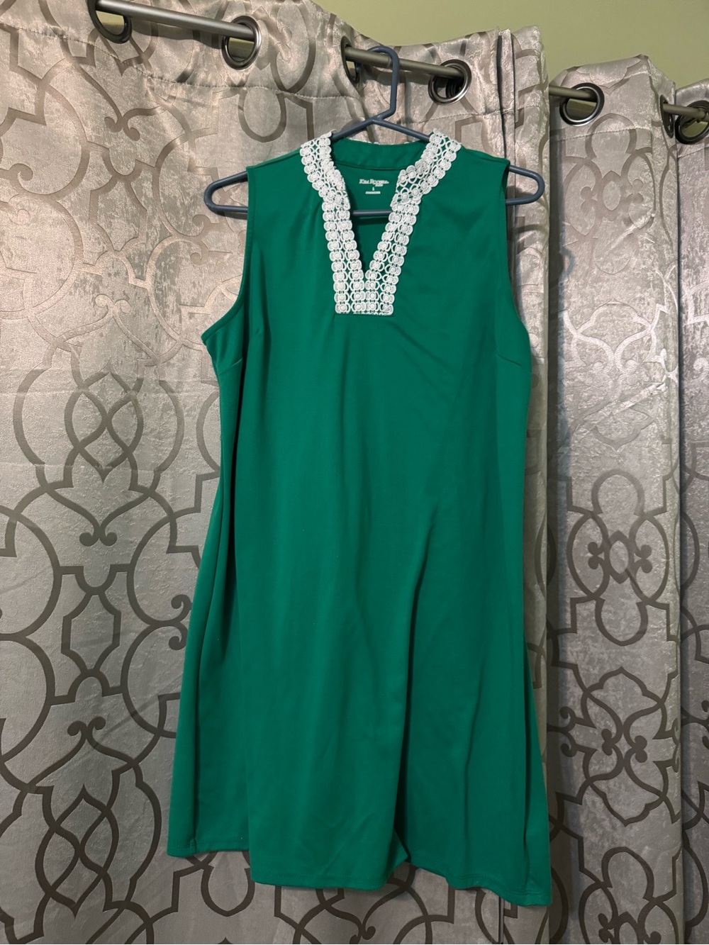 Kim Rogers Emerald Green Sleeveless Dress with White Crochet V-Neck